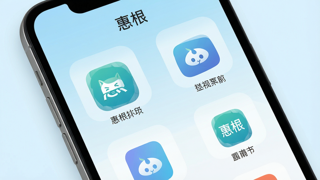 一张手机应用界面特写图,展示“惠根”App的首页布局,画面中手机屏幕显示清晰的大图标和文字标签,背景是淡蓝色渐变,图标排列整齐,风格极简,画面干净明亮,画质清晰,无杂乱元素。