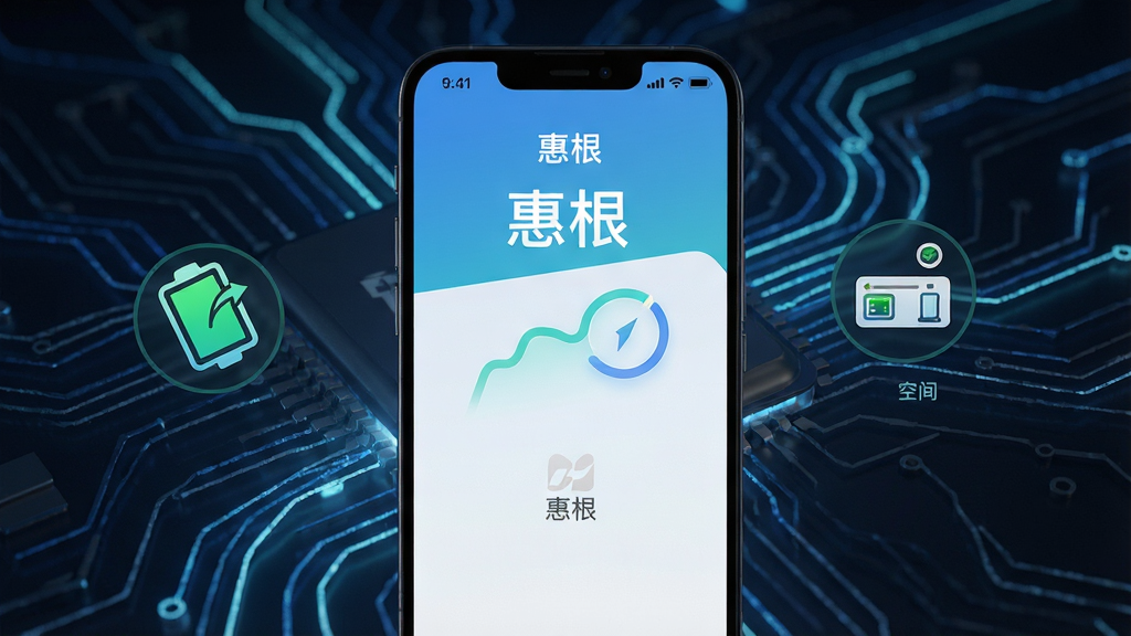 一张手机性能展示图,画面中一部手机屏幕上显示“惠根”App运行流畅,旁边有电量图标和存储空间图标,表示占用低,背景是科技感线条,风格简洁现代,画质高清,干净无多余元素。