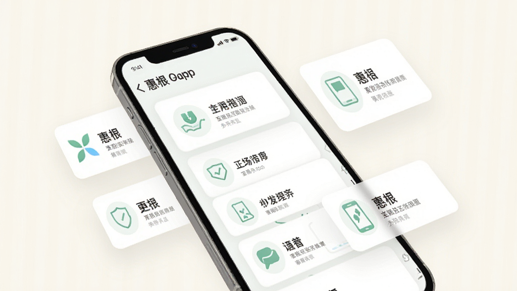 一张手机应用功能展示图,画面中一部手机屏幕上显示“惠根”App的多个功能卡片,卡片上有简洁的图标和文字说明,背景是浅色,周围有轻微的悬浮效果,整体风格统一,画质干净,无多余装饰。