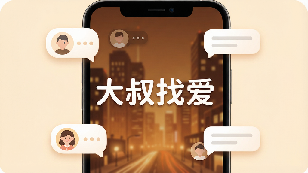 一张手机屏幕展示界面,画面中央是“大叔找爱”四个大字,背景是暖色调的城市夜景,周围环绕着几个简约的用户头像气泡和聊天对话框图标,整体布局简洁,风格温馨现代,细节圆润,画质干净无多余元素