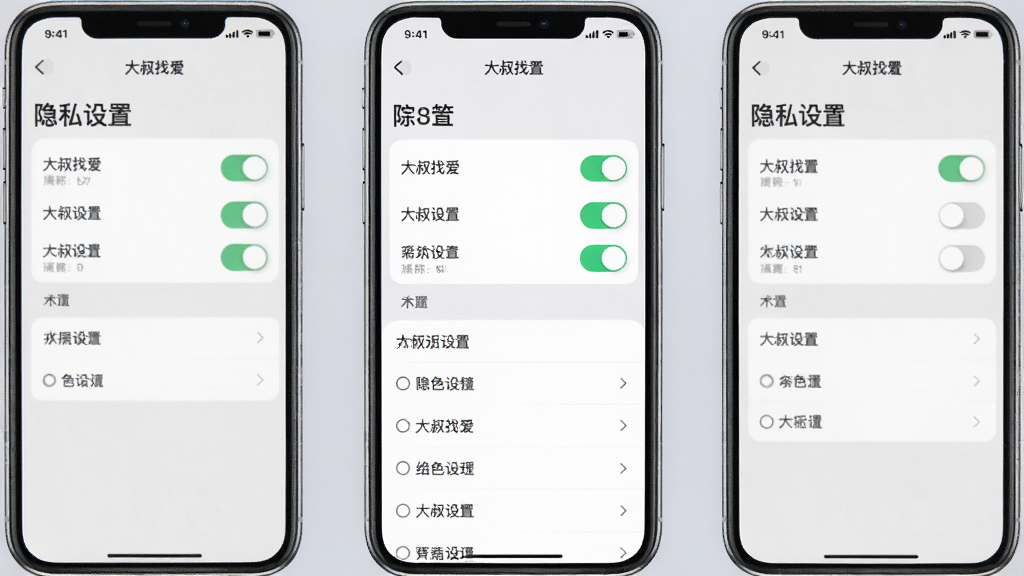 一张手机应用界面展示图,画面中显示“大叔找爱”的隐私设置页面,有多个开关按钮和选项列表,背景是柔和的浅灰色,布局整齐,风格简洁,画质干净无多余元素