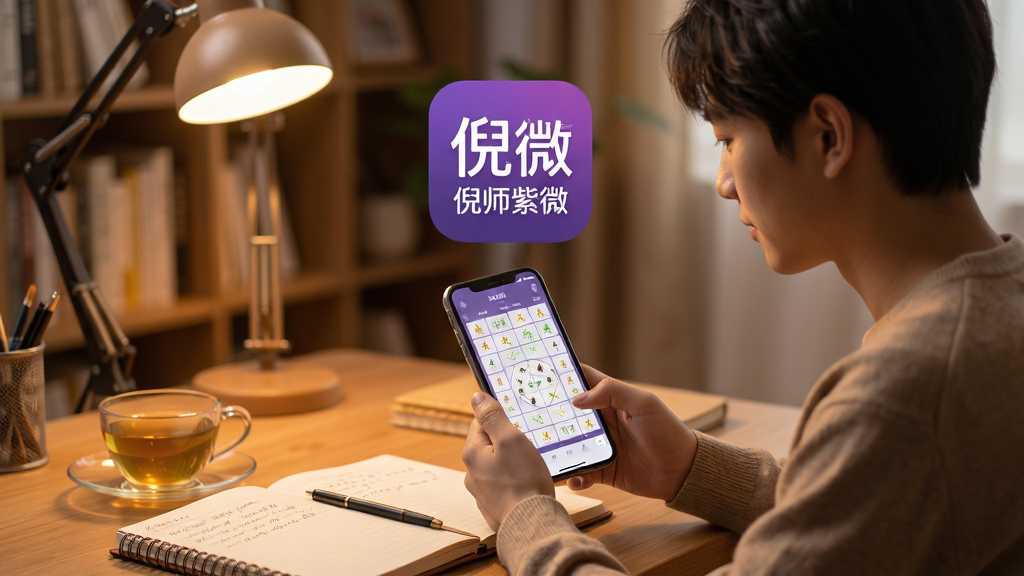 倪师紫微 手机应用主界面展示,一位年轻人坐在书桌前用手机查看紫微斗数命盘,背景是温馨的暖色调书房,桌上放着笔记本和一杯茶,画面中央清晰展示“倪师紫微”应用图标与命盘宫格,布局简洁,风格写实温暖,细节丰富,画质干净,无多余元素