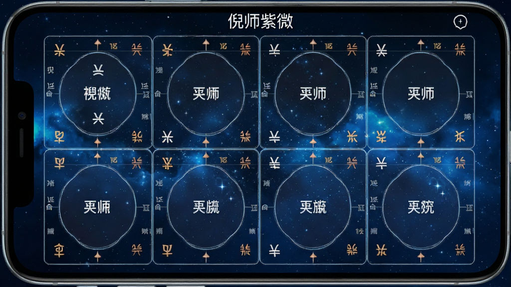 倪师紫微 命盘排盘界面,手机屏幕显示紫微斗数十二宫格,每格内有主星名称与四化标记,背景是深蓝色星空渐变,宫格线条清晰,文字标注“倪师紫微”,风格科技简约,细节精致,画质干净,无多余元素