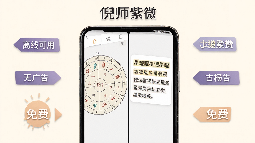 倪师紫微 功能展示图,手机屏幕分屏显示排盘界面与星曜解读文字,周围环绕“离线可用”“无广告”“免费”等标签图标,背景为柔和米白色,布局对称,风格清新简约,文字标注“倪师紫微”,细节干净,画质清晰,无多余元素