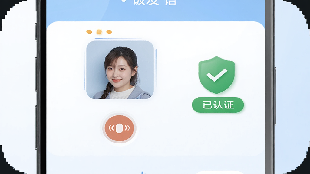 饭友App真人认证页面,手机屏幕显示认证流程,有上传头像框和录音按钮,旁边有绿色盾牌图标和“已认证”标签,背景是简洁的白色和浅蓝色,风格安全可靠,细节圆润,画质清晰,无多余装饰