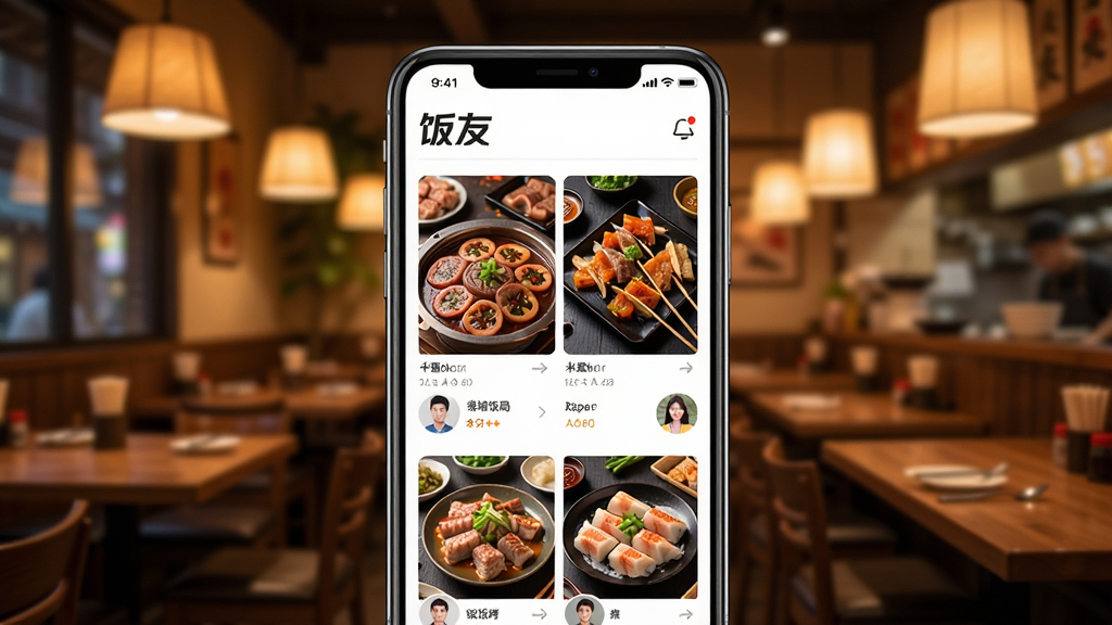 饭友App主界面展示,画面中央是手机屏幕,屏幕内显示同城饭局列表,有火锅、烧烤、日料等美食图片和用户头像,顶部有“饭友”App名称,背景是温馨的餐厅环境,暖色调灯光,排版清晰,风格现代简约,细节丰富,画质高清,干净无多余元素
