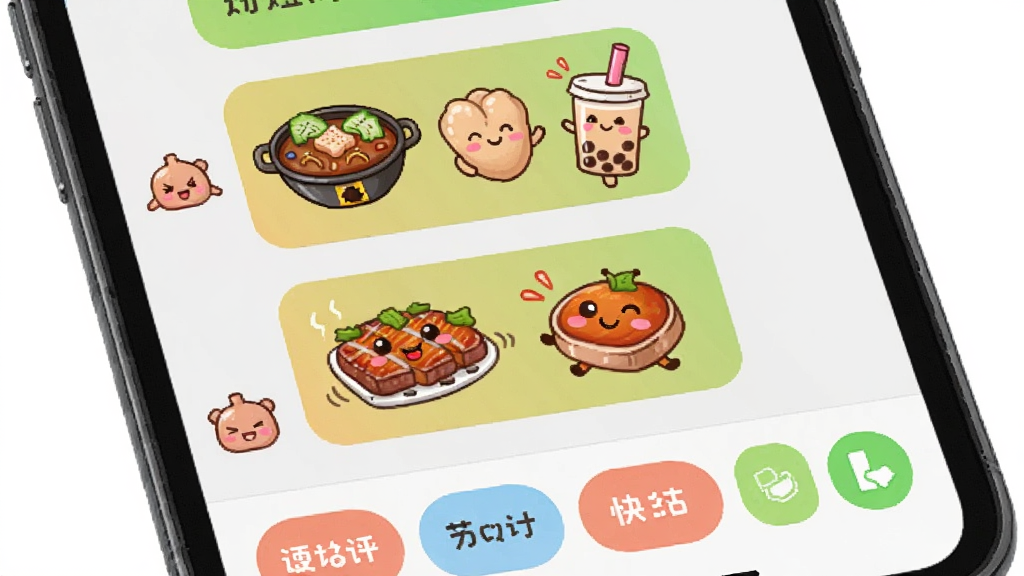 饭友App聊天界面,手机屏幕显示对话气泡,里面有可爱的食物表情包,如火锅、奶茶、烤肉,底部有快捷短语按钮,背景是浅灰色聊天背景,风格活泼可爱,细节清晰,画质干净