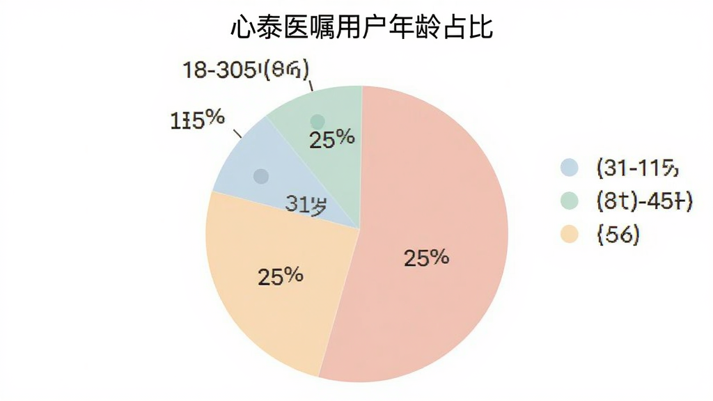 心泰医嘱用户年龄分布饼状图,图表标题为“心泰医嘱用户年龄占比”,数据展示:18-30岁占比15%,31-45岁占比25%,46-60岁占比35%,60岁以上占比25%,图表风格简洁清晰,配色柔和,画质干净,无多余元素