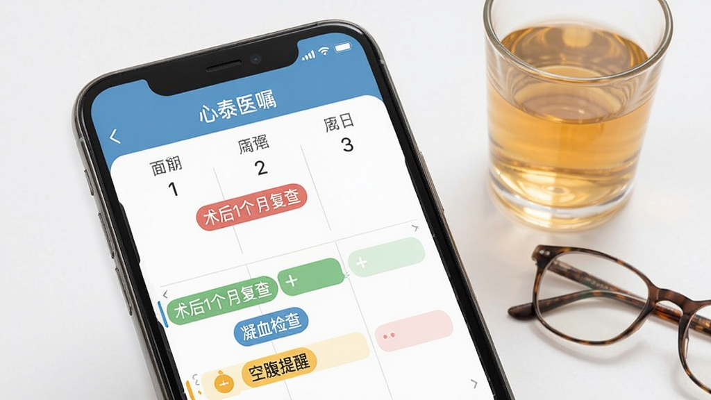 心泰医嘱功能展示图,手机屏幕特写,画面中显示“心泰医嘱”的复查计划日历界面,用不同颜色标注了“术后1个月复查”、“凝血检查”、“空腹提醒”等标签,旁边放着一杯温水和老人的老花镜,排版简洁清晰,风格现代扁平,画质干净无多余元素