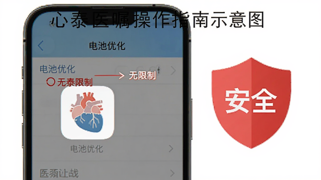 心泰医嘱操作指南示意图,手机屏幕显示“电池优化”设置界面,心泰医嘱App被标注为“无限制”,旁边有一个红色的盾牌图标写着“安全”,画面排版清晰,风格简洁教程风,画质干净,无多余元素