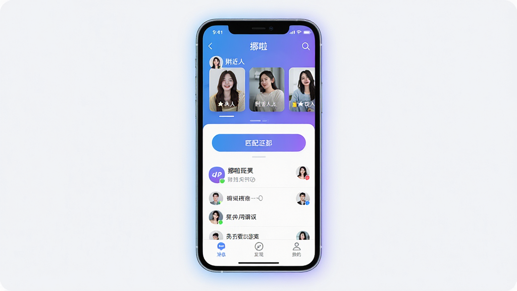 一张手机屏幕展示社交应用主界面的图片,画面中央是“挪啦”应用的主页,顶部显示附近的人推荐卡片,中间有匹配按钮和聊天列表,底部是消息、发现、我的三个选项卡,整体以蓝紫色渐变为主色调,风格清新现代,界面干净无多余广告,画质清晰,手机周围有轻微光晕效果,背景简洁纯色。