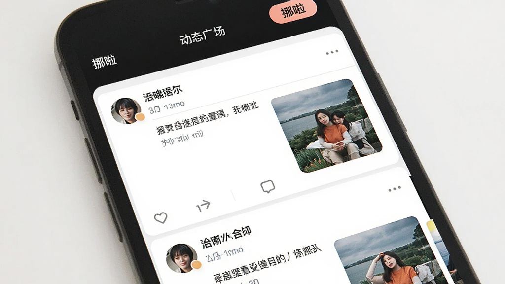 一张手机应用动态广场页面的图片,屏幕中显示“挪啦”动态广场,顶部有发布按钮,下方是用户动态卡片,包含用户头像、昵称、文字内容和配图,背景为白色,卡片之间有分隔线,风格简洁清新,画质清晰,无多余元素。
