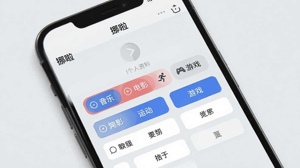 一张手机界面展示兴趣标签选择页面的图片,画面中是“挪啦”应用的个人资料设置界面,显示多个兴趣标签按钮,如“音乐”“电影”“运动”“游戏”等,部分标签已被选中高亮,背景为浅灰色,风格简约,画质干净,无多余元素。
