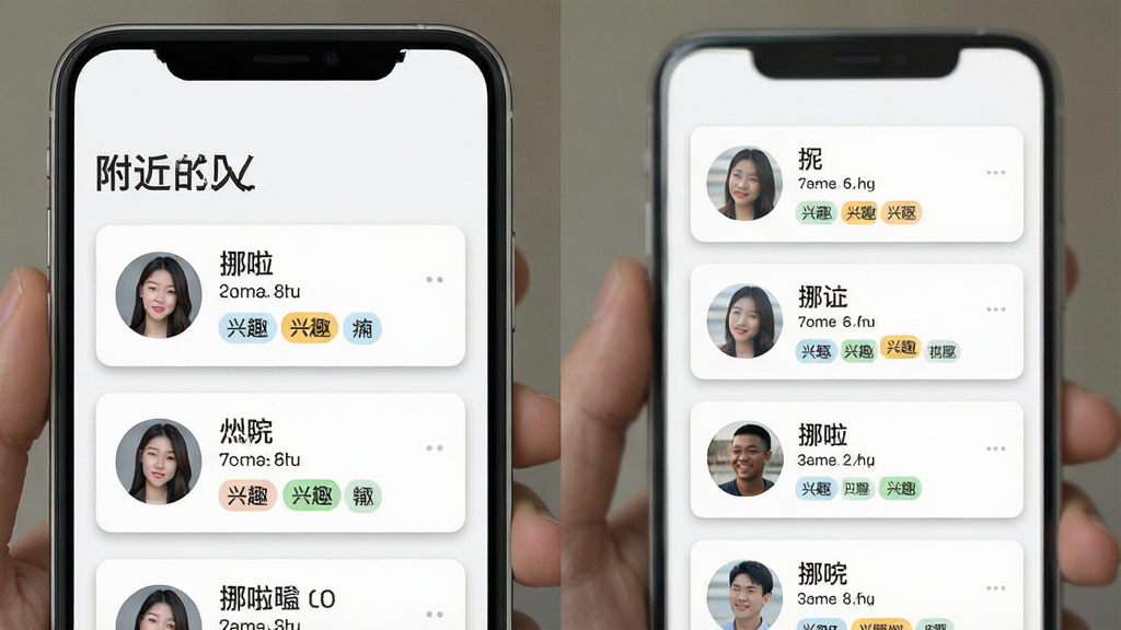 一张手机界面截图风格的图片,展示“挪啦”附近的人功能页面,屏幕上方显示“附近的人”标题,下方是用户卡片列表,每张卡片包含头像、昵称、距离和兴趣标签,背景为浅色,卡片有轻微阴影,风格简洁明快,画质干净,无多余元素。