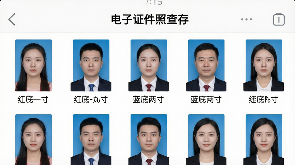 一张手机相册整理界面的截图,顶部显示“电子证件照查存”标题,下方以网格形式排列着多张证件照,每张照片下方标注了“红底一寸”、“蓝底两寸”等文字标签,界面干净整洁,白色背景,图标清晰,画质干净无多余元素