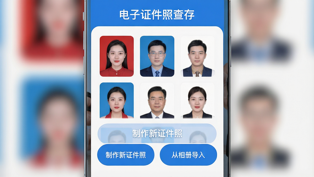 一张手机应用界面截图,主色调为蓝色和白色,界面顶部显示“电子证件照查存”文字标题,中间区域展示几排不同底色的证件照缩略图,包括红底、蓝底、白底,下方有“制作新证件照”和“从相册导入”两个大按钮,界面风格简洁扁平,图标圆润,画质清晰干净,无多余元素
