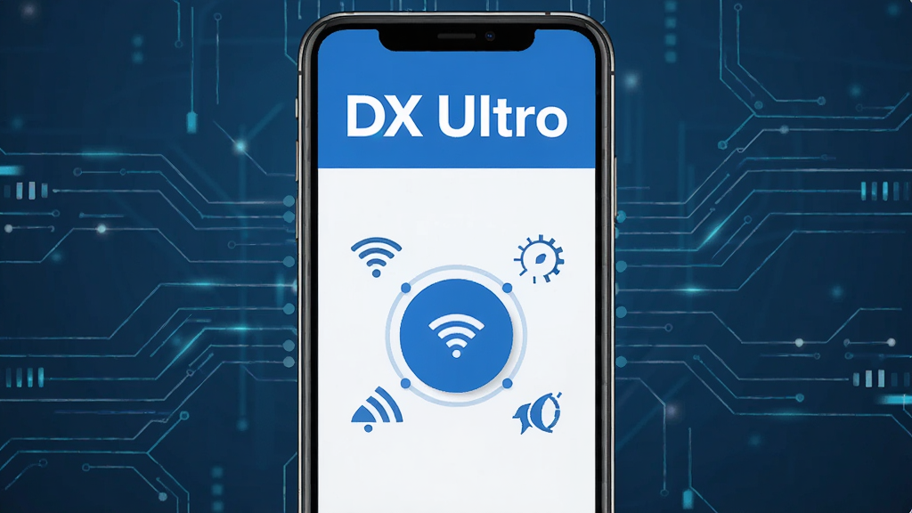 一张展示DX Ultra软件核心全貌的图片,画面中央是手机屏幕,屏幕中显示DX Ultra的主界面,顶部有醒目的DX Ultra文字标识,界面以蓝白配色为主,中间有一个大大的连接按钮,周围环绕着WiFi信号图标和加速符号,背景是简洁的科技感线条,整体风格现代扁平化,画质清晰干净,无多余元素