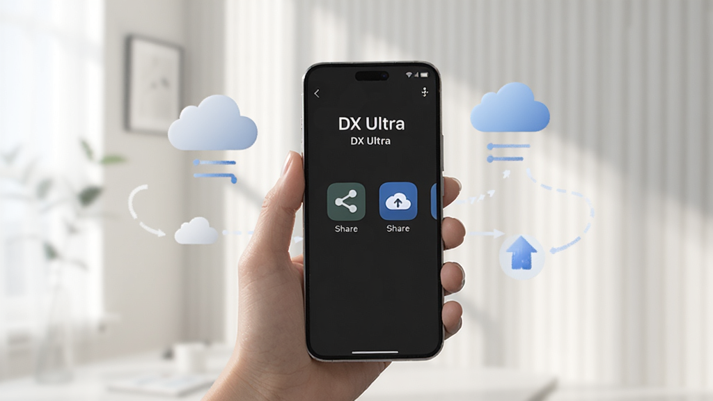 一张展示DX Ultra一键分享与备份功能的图片,画面中一只手拿着手机,手机屏幕显示DX Ultra的分享界面,有分享图标和云端备份图标,周围有抽象的云朵和数据同步符号,背景是明亮的室内光线,风格现代简洁,画质干净,无多余元素