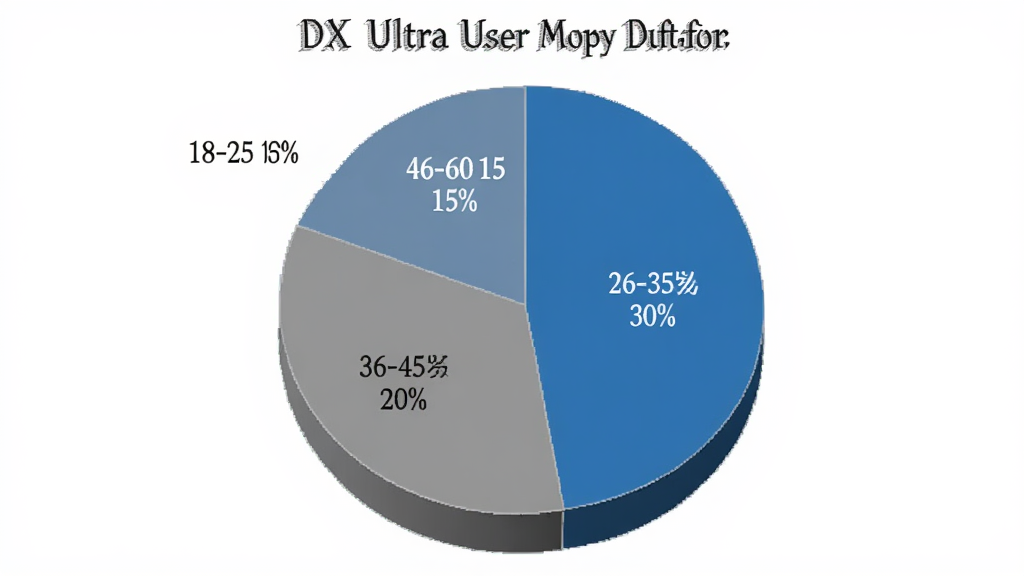 一张展示DX Ultra用户年龄分布的饼状图,图表中有四个扇形区域,分别标注18-25岁30%、26-35岁35%、36-45岁20%、46-60岁15%,背景是简洁的白色,图表颜色以蓝色和灰色为主,风格清晰专业,画质干净,无多余元素