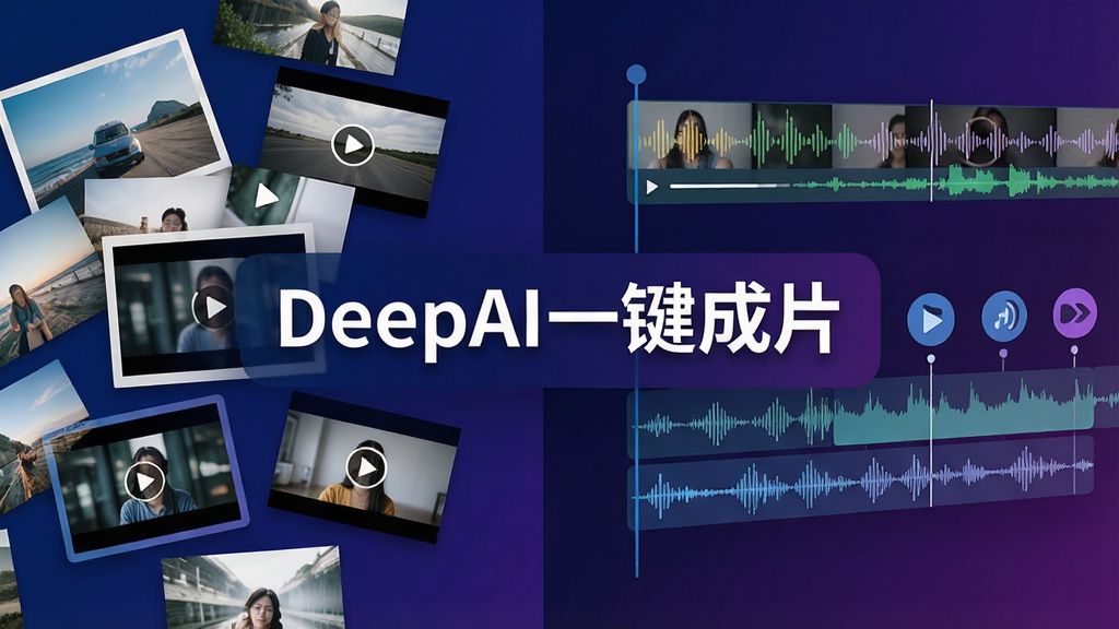 一张展示DeepAI一键成片AI智能识别功能的图片,画面左侧是散乱的照片和视频缩略图,右侧是经过AI自动剪辑后生成的流畅时间轴,时间轴上有音乐波形和转场图标,画面中央有“DeepAI一键成片”的文字标识,整体风格科技感十足,背景是深蓝色到紫色的渐变,细节清晰,画质干净。
