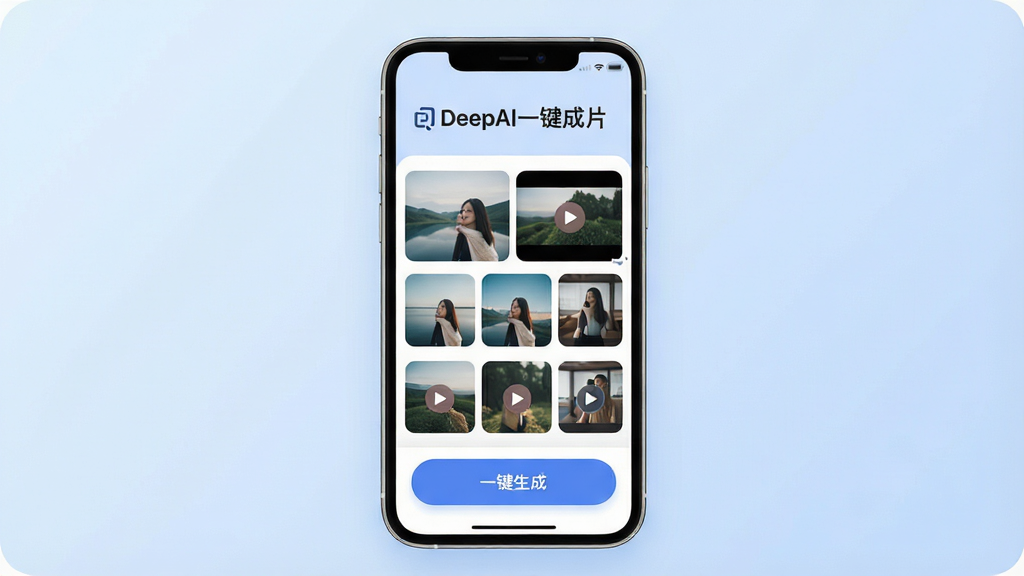 一张展示DeepAI一键成片软件主界面的图片,画面中央是手机屏幕,屏幕里显示DeepAI一键成片的操作界面,界面顶部有“DeepAI一键成片”的文字标识,中间是照片和视频素材的缩略图网格,底部有一个醒目的“一键生成”按钮,整体布局简洁,背景是柔和的浅蓝色渐变,风格现代扁平,细节圆润,画质干净无多余元素。