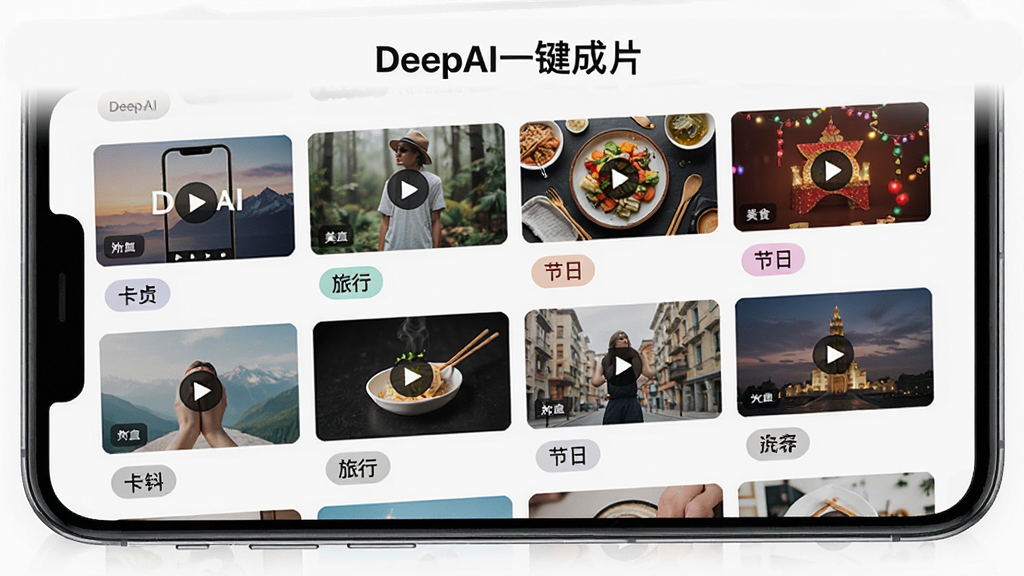 一张展示DeepAI一键成片模板库界面的图片,画面中是一个手机屏幕,屏幕里显示各种风格的视频模板缩略图,有卡点、旅行、美食、节日等分类标签,屏幕顶部有“DeepAI一键成片”的文字标识,整体布局是网格状,风格清新明亮,细节丰富,画质干净无多余元素。