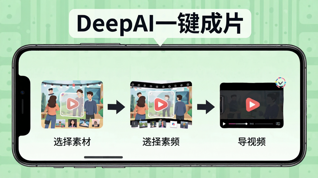 一张展示DeepAI一键成片新手操作步骤的图片,画面中是一个手机屏幕,屏幕里显示从选择素材到导出视频的三个步骤示意图,有箭头引导,屏幕上方有“DeepAI一键成片”的文字标识,整体风格是教程图解风,背景是浅绿色,细节清晰,画质干净。