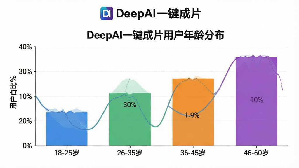 一张展示DeepAI一键成片用户年龄分布的柱状图,图表标题是“DeepAI一键成片用户年龄分布”,横轴是年龄段18-25岁、26-35岁、36-45岁、46-60岁,纵轴是用户占比百分比,柱状图颜色分别是蓝色、绿色、橙色、紫色,图表上方有“DeepAI一键成片”的文字标识,整体风格简洁数据可视化,背景是白色,细节清晰,画质干净。