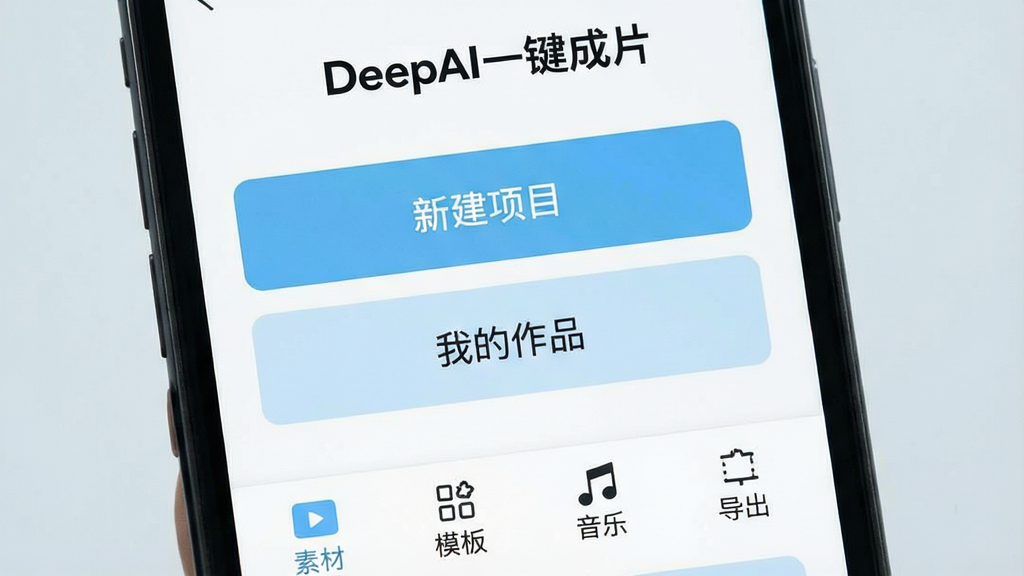 一张展示DeepAI一键成片操作界面的图片,画面中是一个手机屏幕,屏幕里显示简洁的首页布局,有“新建项目”和“我的作品”两个大按钮,底部有素材、模板、音乐、导出四个选项卡,屏幕顶部有“DeepAI一键成片”的文字标识,整体风格极简,背景是白色和浅蓝色,细节清晰,画质干净。