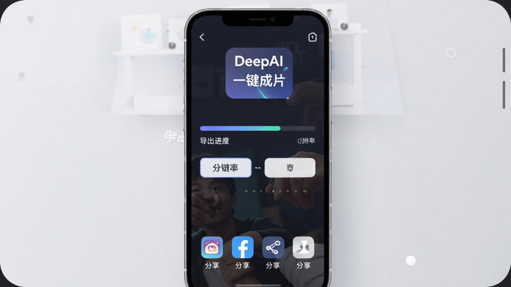 一张展示DeepAI一键成片导出分享界面的图片,画面中是一个手机屏幕,屏幕里显示视频导出进度条和分辨率选项,下方有多个社交平台的分享图标,屏幕顶部有“DeepAI一键成片”的文字标识,整体布局清晰,风格简洁现代,背景是浅灰色,细节圆润,画质干净。