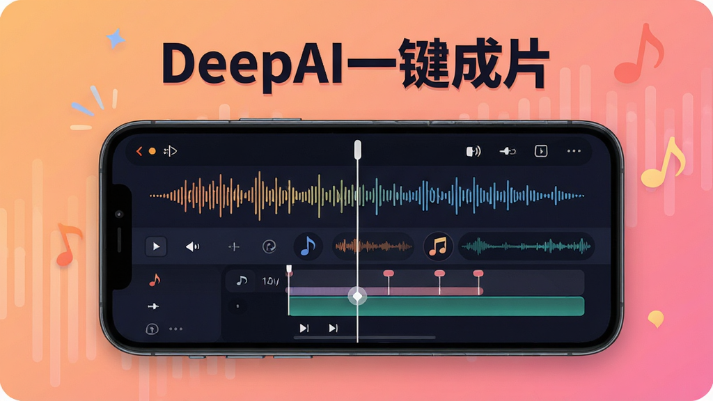 一张展示DeepAI一键成片智能配乐功能的图片,画面中央是一个手机屏幕,屏幕里显示音乐波形和视频时间轴对齐的界面,有音符图标和节奏点标记,屏幕上方有“DeepAI一键成片”的文字标识,背景是柔和的橙色和粉色渐变,风格活泼,细节清晰,画质干净。