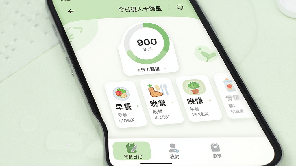 轻食记 应用界面展示,一款简洁清新的健康饮食记录手机软件,主界面以浅绿色和白色为主色调,顶部显示今日摄入卡路里环形图,中间是早餐午餐晚餐的卡片式记录入口,底部有饮食日记和我的两个选项卡,整体布局干净清爽,风格现代扁平化,图标圆润可爱,画质清晰无多余元素