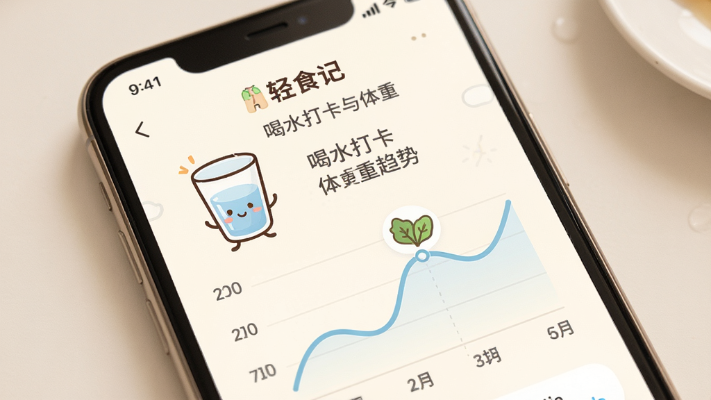 轻食记 喝水打卡与体重趋势界面,手机屏幕展示一杯水的卡通图标和体重折线图,图表线条平滑,界面背景为米白色,图标风格可爱,文字标签清晰,整体布局宽松不拥挤,风格温馨,画质干净