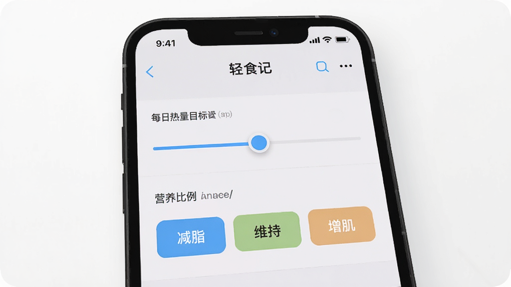 轻食记 设置与目标设定界面,手机屏幕展示每日热量目标滑块和营养比例设置选项,界面中有“减脂”“维持”“增肌”三个模式按钮,背景干净,文字清晰,风格简洁实用,画质干净无多余装饰