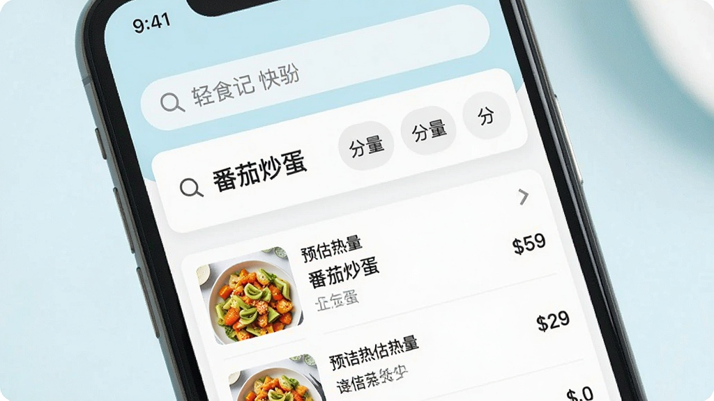 轻食记 快速记录功能界面,手机屏幕特写,展示用户正在搜索“番茄炒蛋”并选择分量,屏幕上方有搜索框,下方弹出食物列表和预估热量数值,背景是浅色系,界面设计简洁直观,风格清新明亮,细节清晰,画质干净