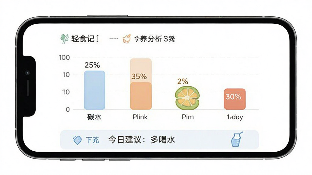 轻食记 营养分析报告界面,手机屏幕显示一天的饮食总结,包含碳水、蛋白质、脂肪的百分比柱状图,下方有“今日建议:多喝水”的文字提示,界面配色柔和,图表设计简洁易懂,风格现代,画质干净无杂乱元素