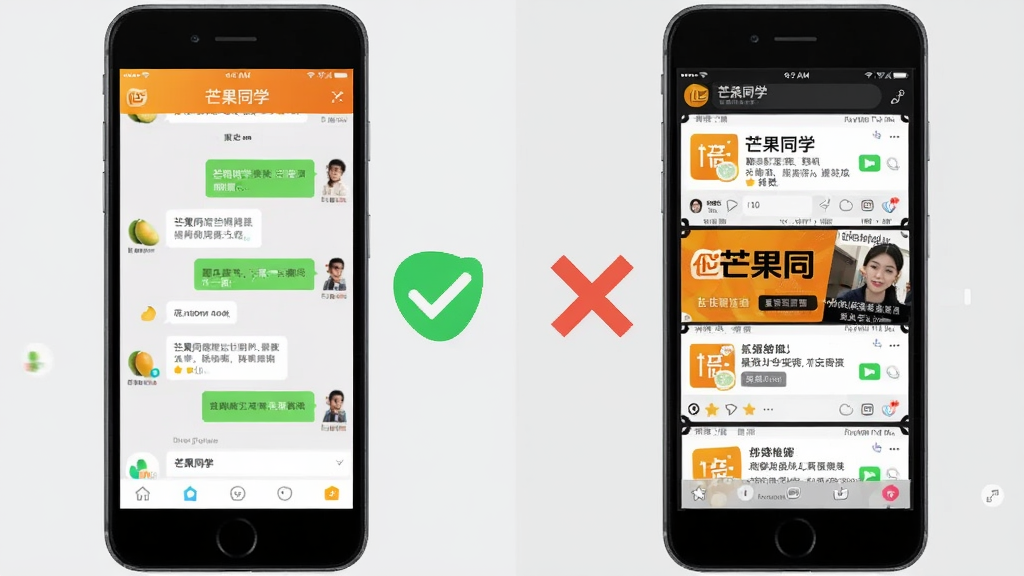 一张展示“芒果同学”免费无广告特点的对比图,画面左侧是“芒果同学”的干净聊天界面,右侧是其他社交App满屏广告的杂乱界面,中间用对勾和叉号图标区分,背景是浅灰色,风格直观清晰,画质干净无多余元素