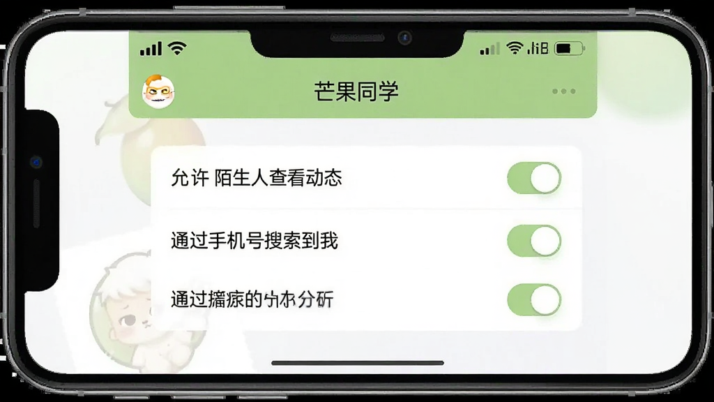 一张展示“芒果同学”隐私设置界面的手机截图风格图片,画面主体是一部手机,屏幕中显示“芒果同学”App的隐私设置页面,有“允许陌生人查看动态”“通过手机号搜索到我”等开关选项,界面配色以白色和浅绿色为主,风格简洁明了,画质干净无多余元素