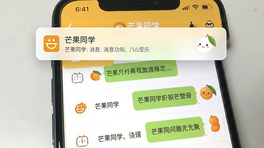 一张展示“芒果同学”消息通知功能的手机截图风格图片,画面主体是一部手机,屏幕上方弹出“芒果同学”的新消息通知横幅,下方是聊天列表界面,界面配色以白色和芒果黄为主,风格简洁清爽,画质干净无多余元素