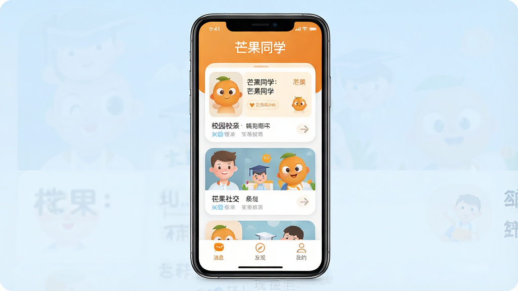一张展示“芒果同学”App核心界面的手机模型图,画面主体是一部竖屏智能手机,屏幕中显示“芒果同学”App的主界面,界面顶部有“芒果同学”文字标识,中间是校园社交卡片式布局,底部有消息、发现、我的三个选项卡,背景是干净的浅蓝色渐变,风格清新现代扁平化,细节圆润,画质干净无多余元素