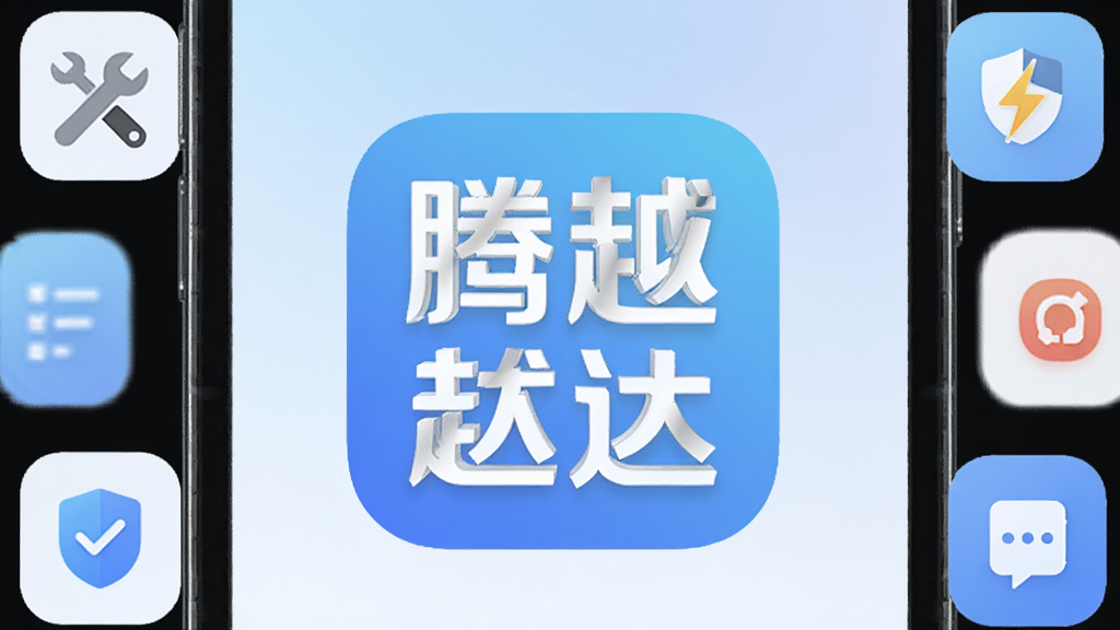 画面中央是一部智能手机,屏幕上清晰显示着“腾越达”三个大字的APP图标,图标设计简洁现代,背景是柔和的蓝白渐变,周围环绕着几个代表功能模块的小图标,如扳手、闪电、盾牌等,整体布局干净利落,风格清新扁平化,细节圆润,画质高清,无多余元素