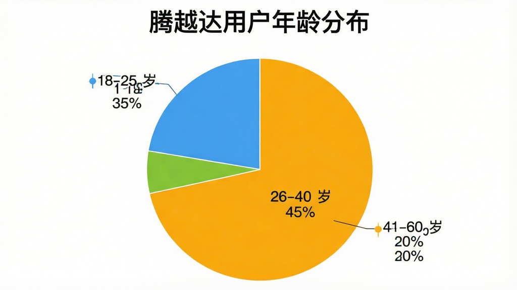 一个色彩明快的饼状图,标题为“腾越达用户年龄分布”,饼图分为三块,分别标注“18-25岁 35%”、“26-40岁 45%”、“41-60岁 20%”,背景简洁,数据清晰,风格扁平化,画质干净