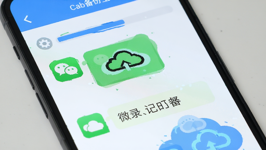 聊天记录云备份王 手机屏幕显示备份进度条 微信聊天记录图标 云端存储图标 蓝白配色 扁平化设计 界面简洁 画质清晰 无多余元素