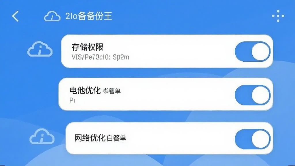 聊天记录云备份王 手机设置权限界面 存储权限和网络权限开关 电池优化白名单 蓝白配色 扁平化UI 界面清晰 无多余元素