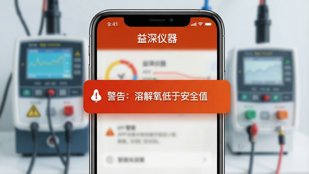 一张展示“益深仪器”APP智能报警功能的示意图。主体是一个手机通知弹窗,上面显示“警告:溶解氧低于安全值”。背景是模糊的仪器设备。布局突出通知内容,风格警示性强,使用橙红色调。细节清晰,画质干净,无多余元素。
