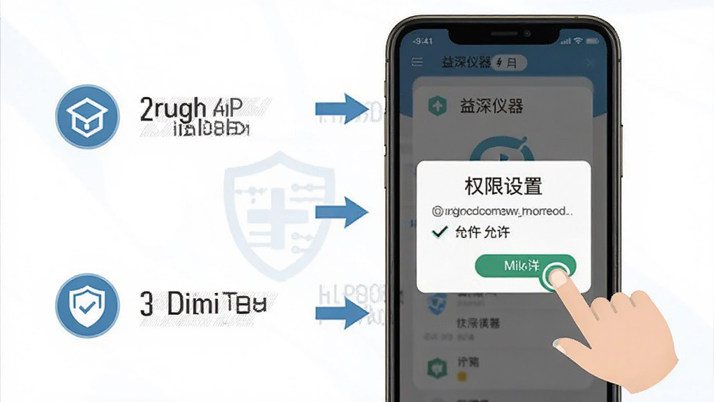 一张“益深仪器”APP使用指南的图解。主体是一个手机屏幕,屏幕上显示着权限设置的弹窗,旁边有手指点击“允许”的图标。布局采用分步图解形式,风格简洁明了,使用箭头和图标引导。细节清晰,画质干净,无多余元素。