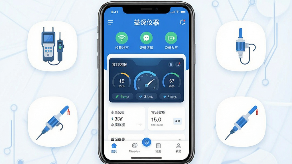 一张展示“益深仪器”APP核心界面的概念图。主体是一个现代智能手机,屏幕上显示着APP主界面,布局清晰,顶部有设备连接状态图标,中间是实时数据仪表盘,底部是功能导航栏。手机周围环绕着几个简约的仪器图标,如水质检测仪、传感器探头。整体排版居中,风格简洁科技感,蓝白配色,细节精致,画质干净,无多余元素。