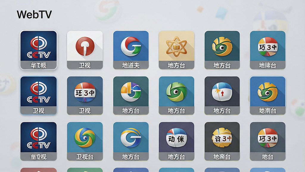一张展示WebTV频道列表界面的图片,画面中整齐排列着央视、卫视、地方台等频道图标,布局为网格状,风格简洁明快,背景为浅灰色,文字标签清晰可见,画质干净无多余元素