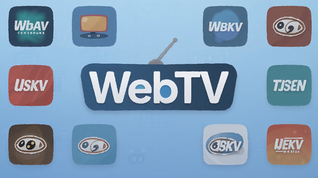 一张展示WebTV软件主界面的图片,画面中央是WebTV的Logo,周围环绕着各种电视频道图标,背景是柔和的渐变蓝色,布局简洁清晰,风格现代扁平化,细节圆润,画质干净无多余元素