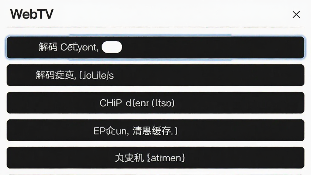 一张展示WebTV设置界面的图片,画面中有解码方式切换、清除缓存等选项按钮,布局为列表式,风格简洁,背景为白色,文字清晰,画质干净无多余元素